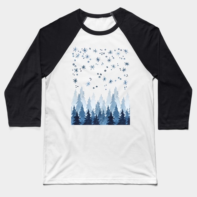 Pine trees in snowfall Baseball T-Shirt by foxeyedaisy